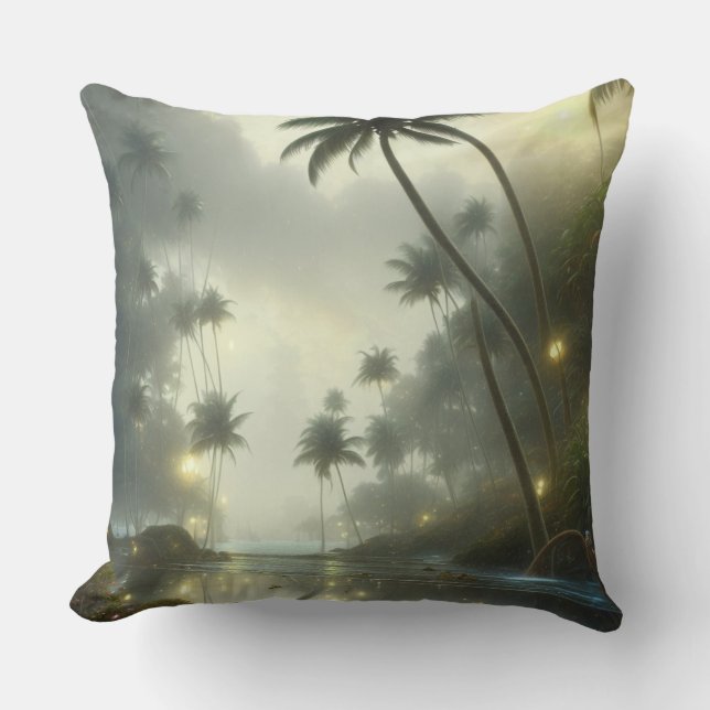 Palm Trees and Ocean Foggy Day Throw Pillow (Front)