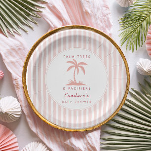 Palm Trees and Pacifiers Pink Coastal Baby Shower Paper Plate