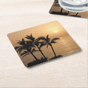 Palm Trees and Romantic Sunset Square Paper Coaster