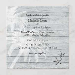 Palm Trees and Starfish Wood Beach Wedding Invite
