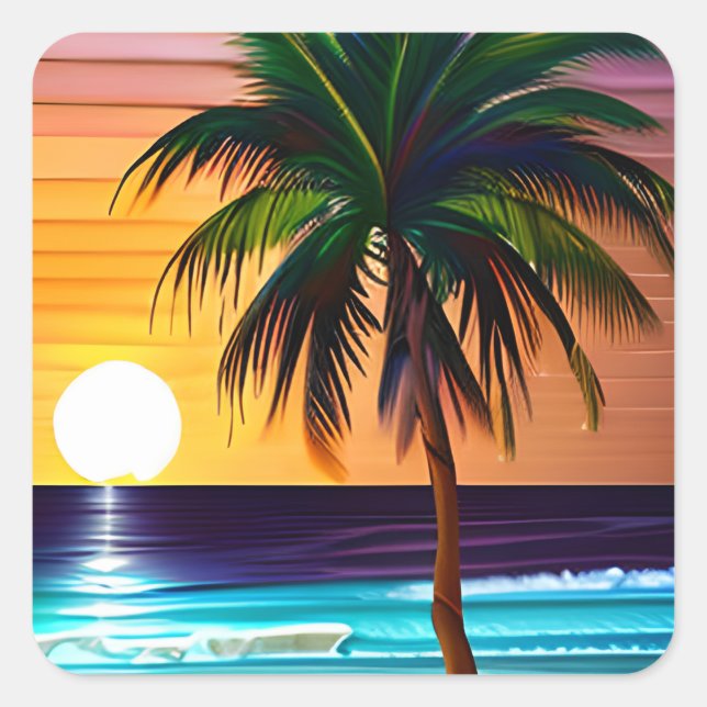 Palm Trees and Sunset Square Sticker (Front)
