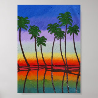 Palm trees at sunset and their reflection poster