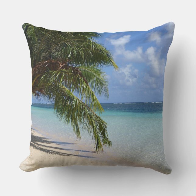palm trees, beach and rocks throw pillow (Front)
