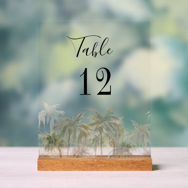 Palm Trees Beach Custom Wedding Table Number Acrylic Sign (Neutral)