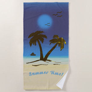 Palm Trees Beach Summer Time! Night Time Blue Beach Towel