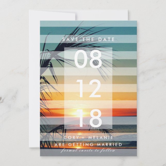 Palm Trees Beach Sunset Photo Save the Dates Date (Front)
