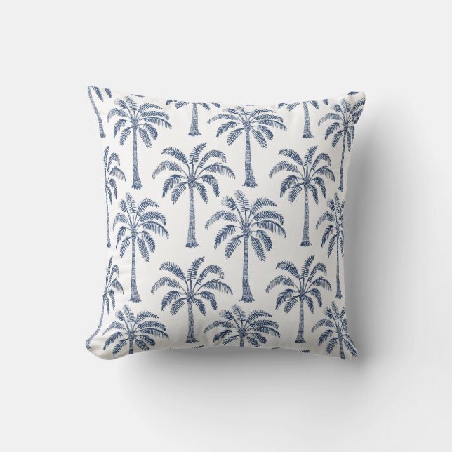 Palm Trees Blue White Throw Pillow (Front)