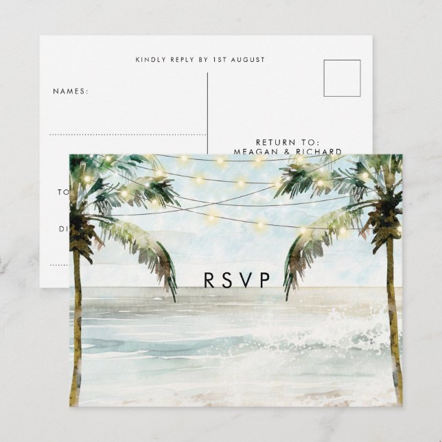 Palm trees boho beach wedding rsvp postcard (Front/Back)