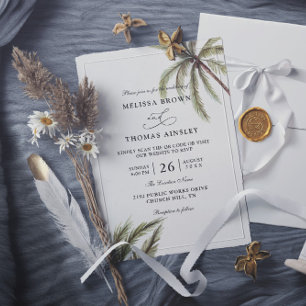 Palm Trees Boho Tropical Budget QR Code Wedding Invitation