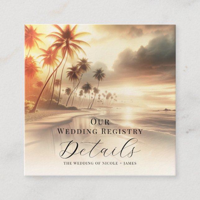 Palm Trees Coastal Beach Sunrise Registry QR Code Square Business Card (Front)