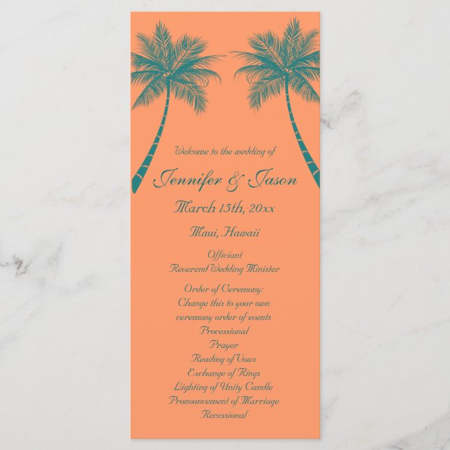 Palm Trees Coral Teal Beach Wedding Programs (Front)