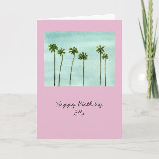 Palm Trees customizable birthday card in pink  (Front)