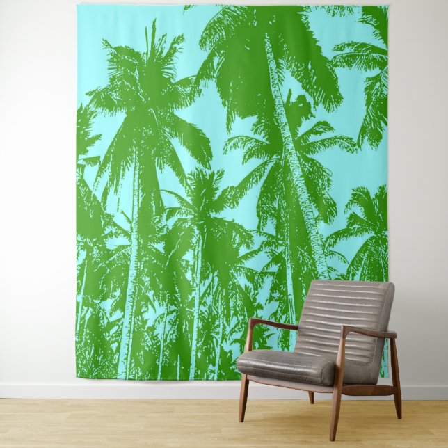 Palm Trees Design Green & Blue Posterised Effect Tapestry (In Situ)