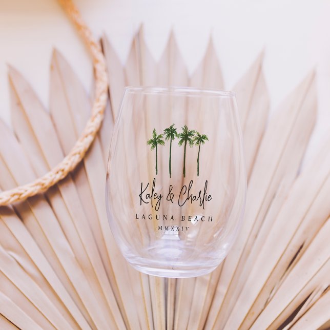 Palm Trees Destination Wedding Favour Stemless Wine Glass (Creator Uploaded)