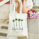 Palm Trees Destination Wedding Welcome Tote Bag<br><div class="desc">Welcome guests to your destination wedding with these chic and modern personalized tote bags. Design features four green palm tree illustrations with your names beneath in handwritten script lettering. Personalize with your wedding destination beneath (shown with Laguna Beach) in classic serif lettering, as well as the year. We love it...</div>