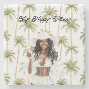 Palm Trees Happy Place Black Lady Bathing Suit Stone Coaster