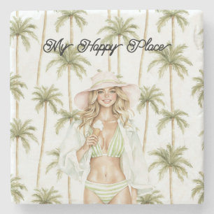 Palm Trees Happy Place Blond Lady Bathing Suit Stone Coaster