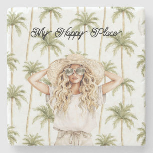 Palm Trees Happy Place Blond Lady Hat Stone Coaster