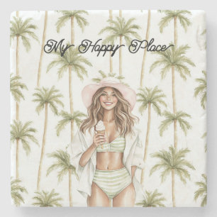 Palm Trees Happy Place Brown Hair Bathing Suit Stone Coaster
