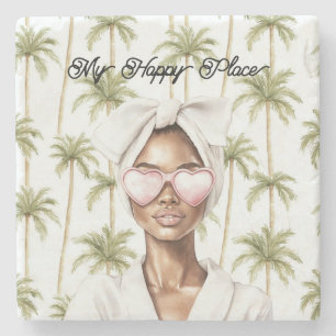 Palm Trees Happy Place Heart Glasses Black Lady Stone Coaster