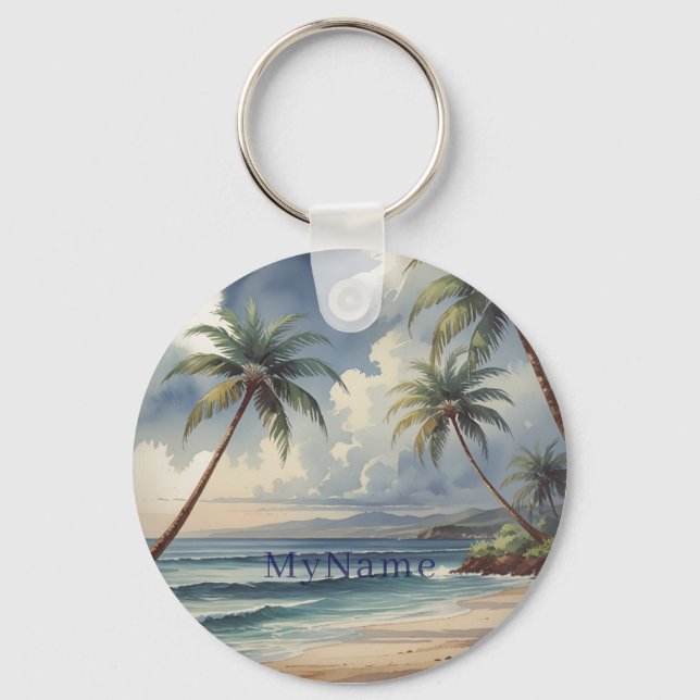 Palm Trees Hawaiian Travel Blue Sea Add Name Keychain (Front)