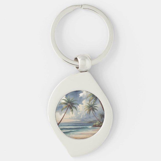 Palm Trees Hawaiian Travel Honolulu Blue Sea Keychain (Front)