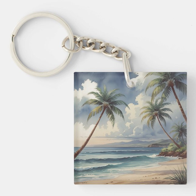 Palm Trees Hawaiian Travel Honolulu Blue Sea Keychain (Front)