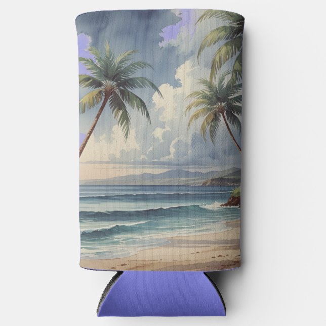 Palm Trees Hawaiian Travel Honolulu Blue Sea Seltzer Can Cooler (Front)