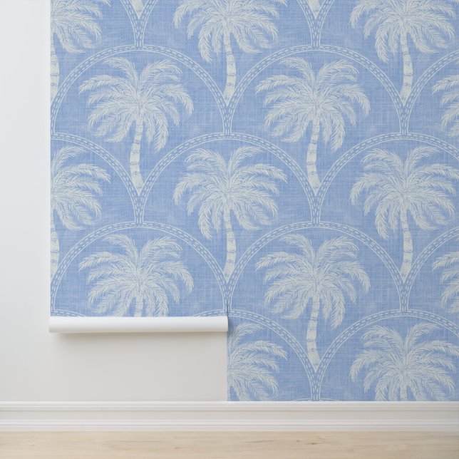Palm Trees in Cornflower Blue Tropical Coastal Wallpaper (Application)