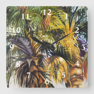 Palm Trees in Green Yellow and Purple Painting Square Wall Clock