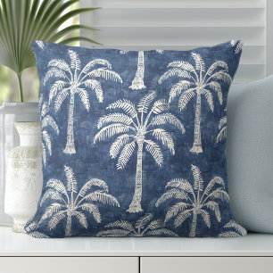 Palm Trees Indigo Blue Throw Pillow - Double-Sided