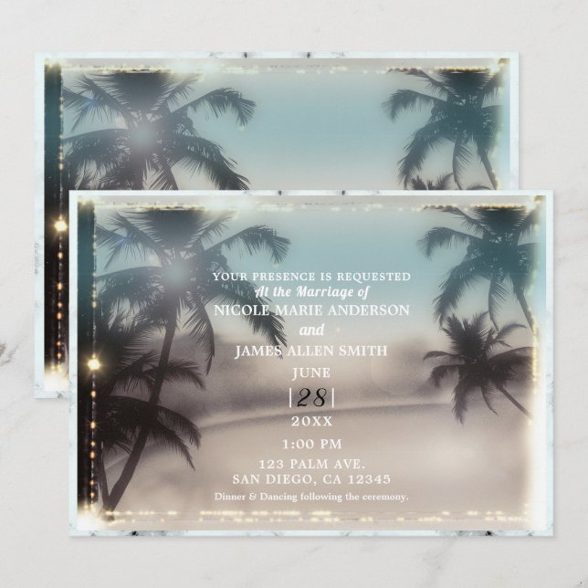 Palm Trees Lights Vintage Tropical Beach Wedding Invitation (Front/Back)