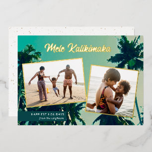Palm Trees Mele Kalikimaka Two Photo Collage  Foil Holiday Card