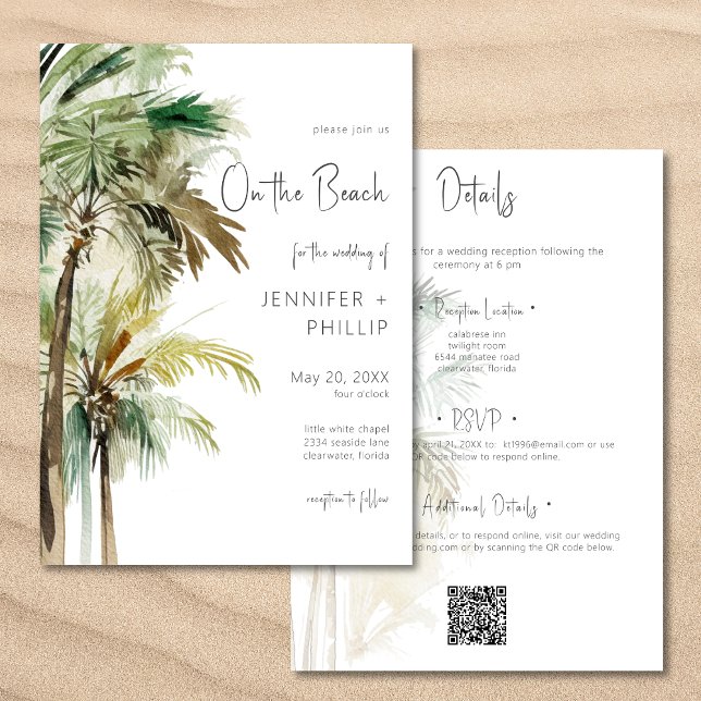 Palm Trees Modern On the Beach Wedding Two Sided Invitation (Palm Trees Modern On the Beach Wedding Two Sided Invitation)