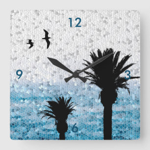 Palm Trees Mosaic Design 25 blue Square Wall Clock