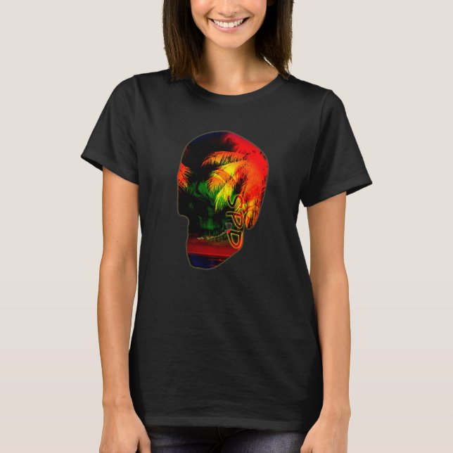 Palm Trees Night Ocean Skull T-Shirt (Front)