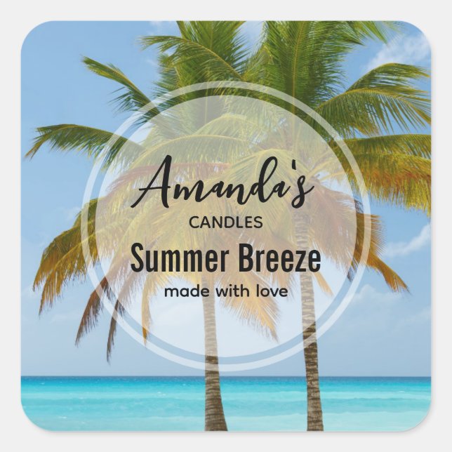 Palm Trees on a Tropical Beach Candle Business Square Sticker (Front)