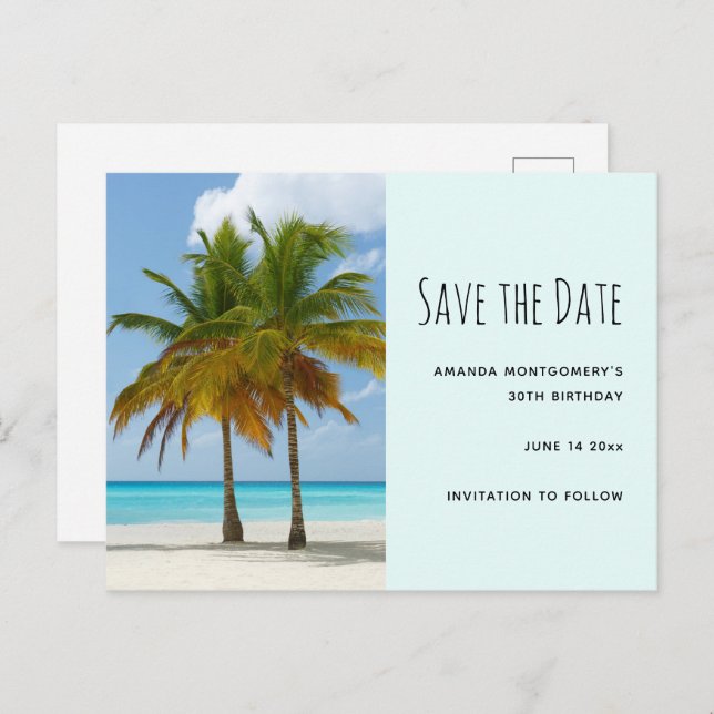 Palm Trees on a Tropical Beach Save the Date Invitation Postcard (Front/Back)