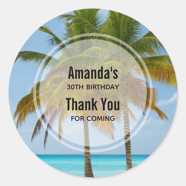 Palm Trees on a Tropical Beach Thank You Event Classic Round Sticker (Front)
