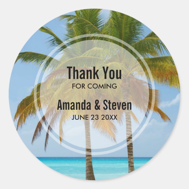 Palm Trees on a Tropical Beach Wedding Classic Round Sticker (Front)