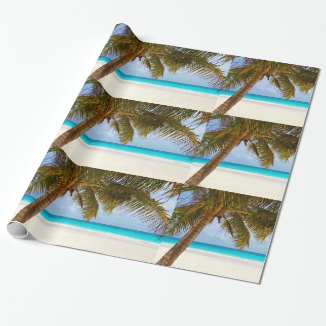 Palm Trees on Beach Blue Sea & Sky Wrapping Paper (Unrolled)