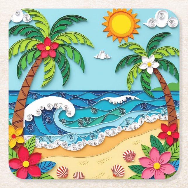 Palm Trees on the Beach  Square Paper Coaster (Front)