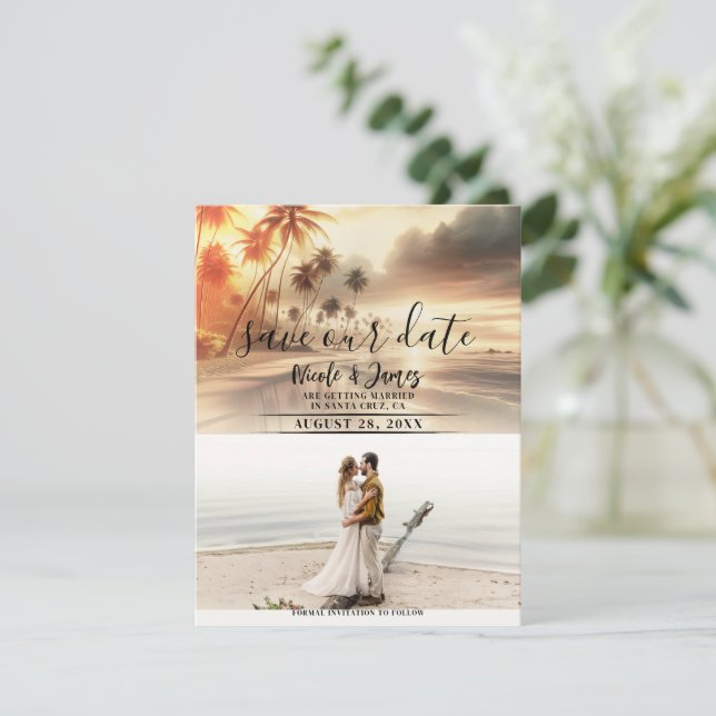Palm Trees & Orange Sunset Beach Save the Date  Invitation (Standing Front)