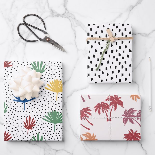 Palm Trees, Palm Fronds & Black Hand Drawn Dots Wrapping Paper Sheet (Front)