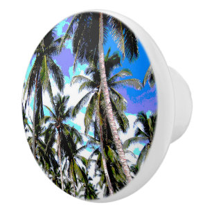 Palm Trees Pattern in Blues and Greens. Ceramic Knob