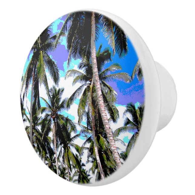 Palm Trees Pattern in Blues and Greens. Ceramic Knob (Right)