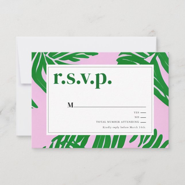 Palm Trees Pink & Green Tropical Beach Wedding  RSVP Card (Front)