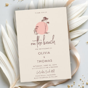 Palm Trees Pink Sun Linen Terracotta Beach Wedding Invitation