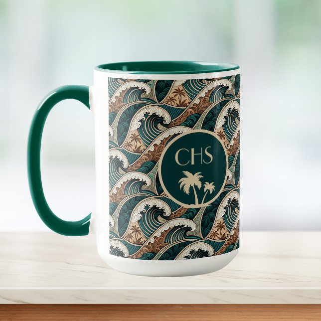 Palm Trees Polynesian Waves Vintage Beach Monogram Mug (Creator Uploaded)