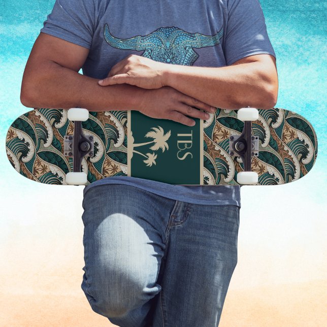 Palm Trees Polynesian Waves Vintage Beach Monogram Skateboard (Creator Uploaded)